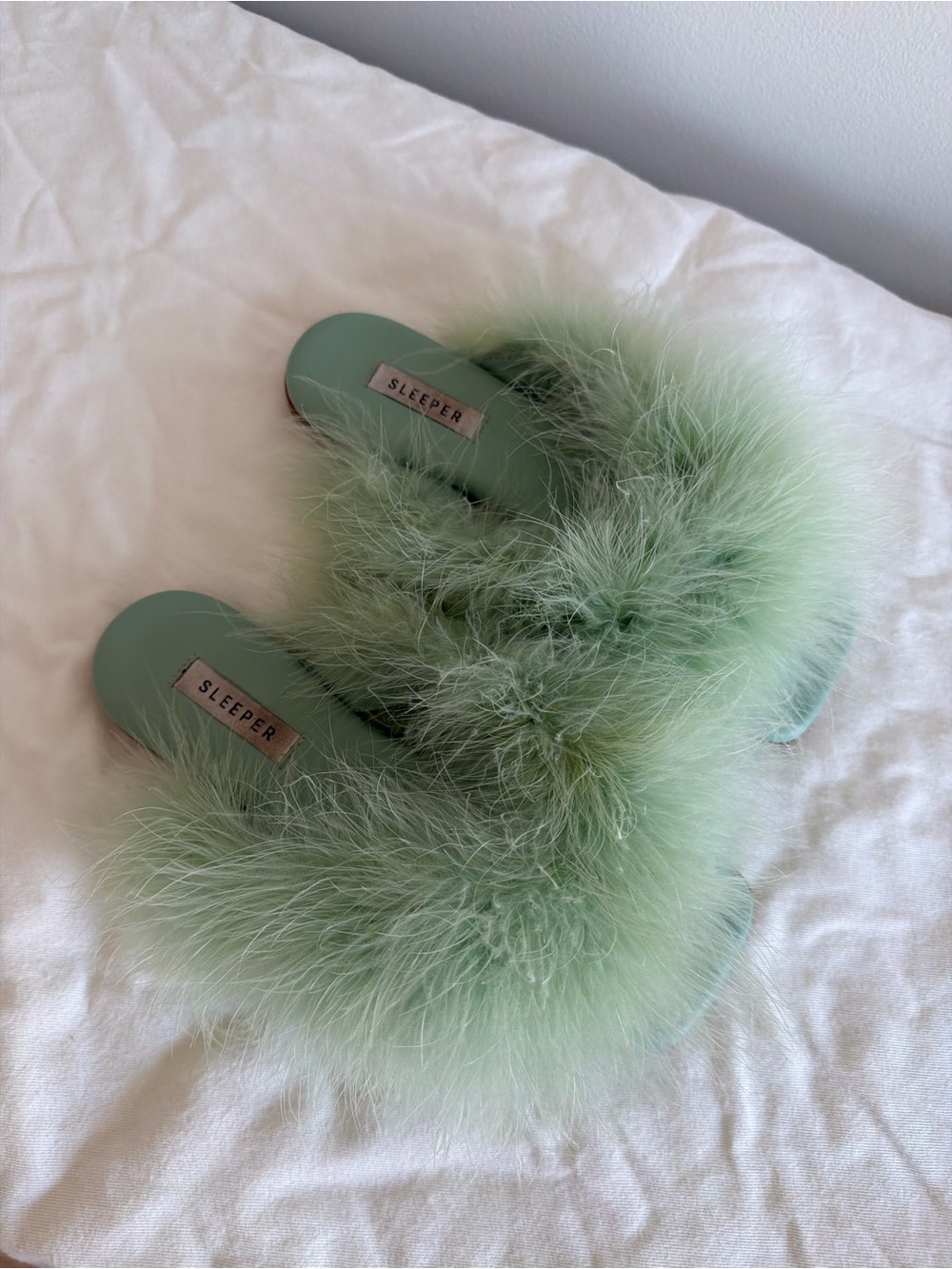 Sleeper Satin Flip Flops In Mint Color With Feathers  Size 36